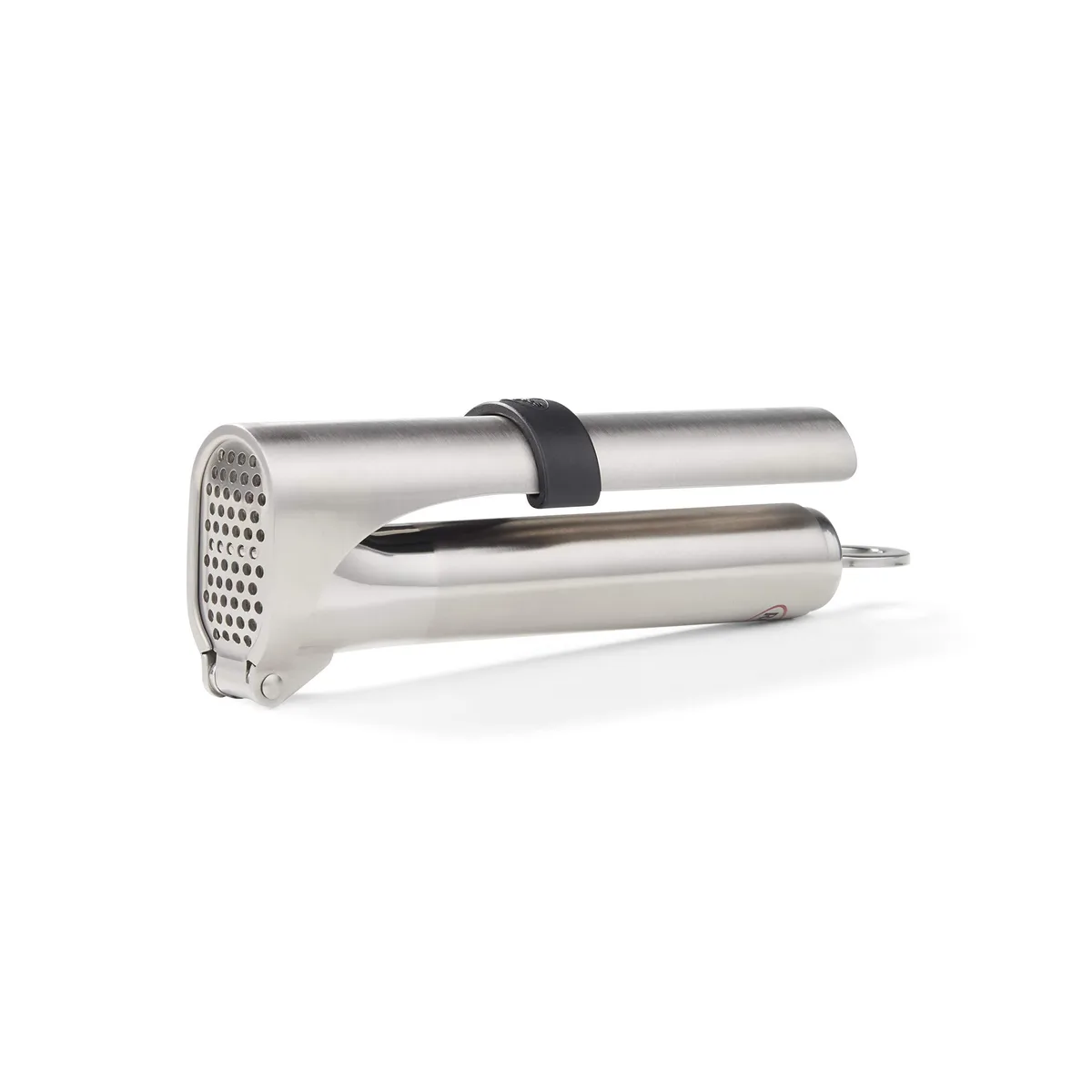 Stainless steel garlic press, slim modern design, open mincing head visible