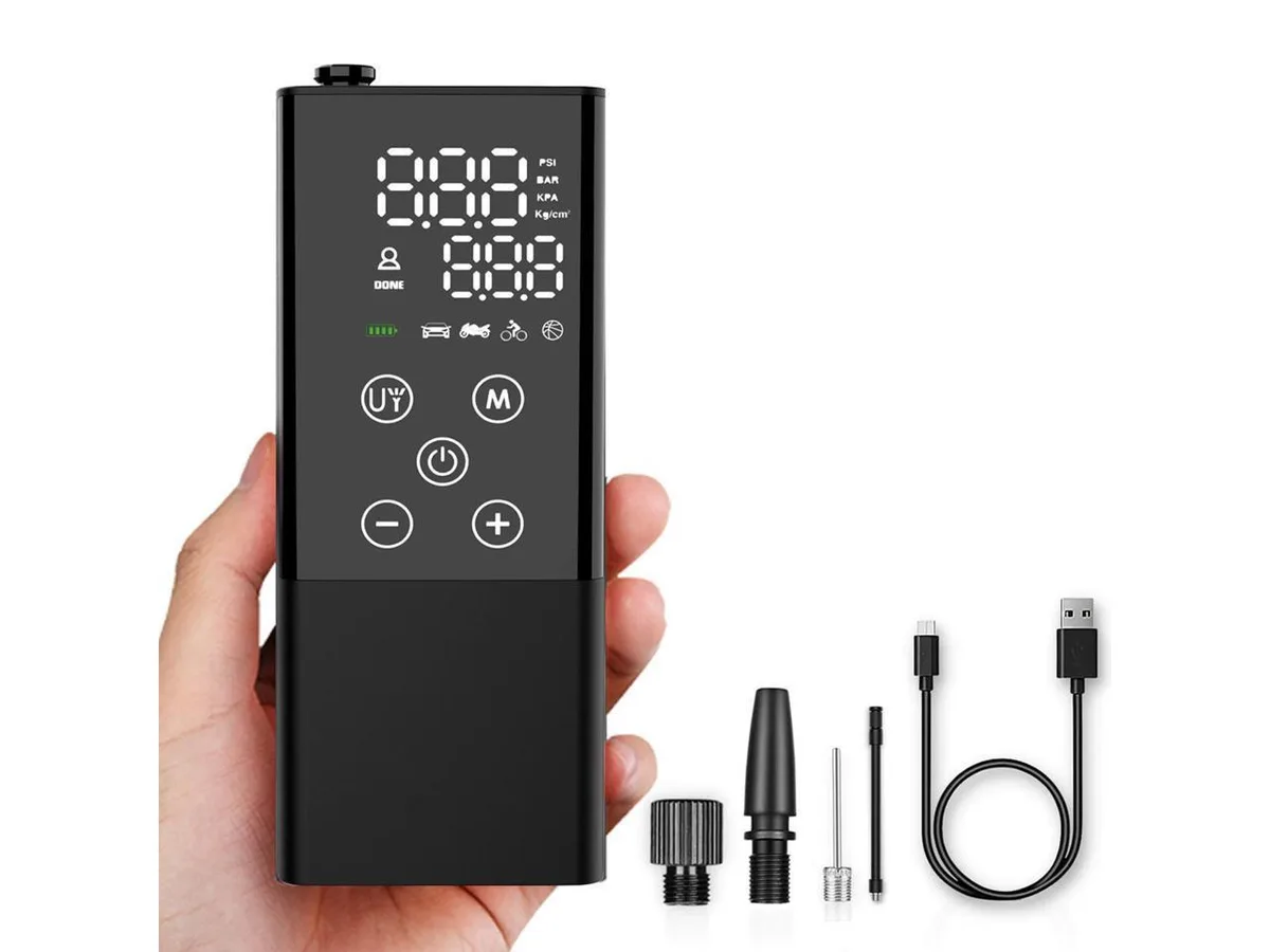 Compact cordless tire inflator with LCD touch screen, LED light and Type-C port
