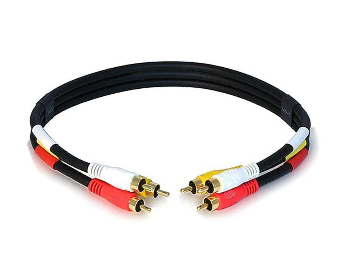Short black triple RCA composite cable with gold plated connectors and molded plugs