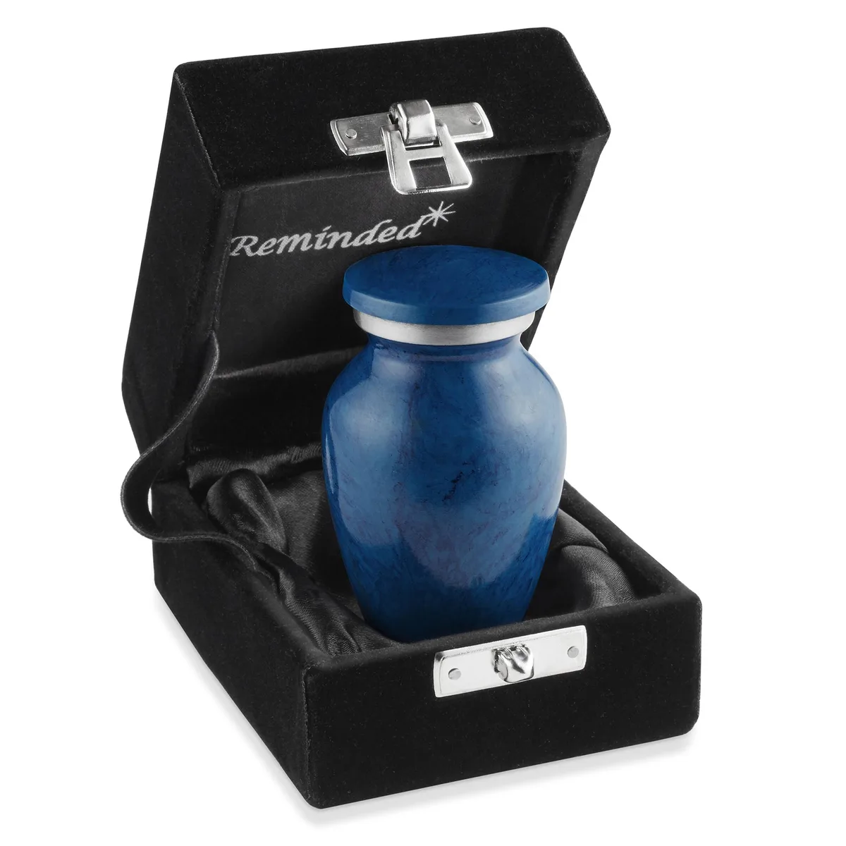 Reminded Reminded Small Cremation Memorial Urn Blue Mini Keepsake with Velvet Case — product photo
