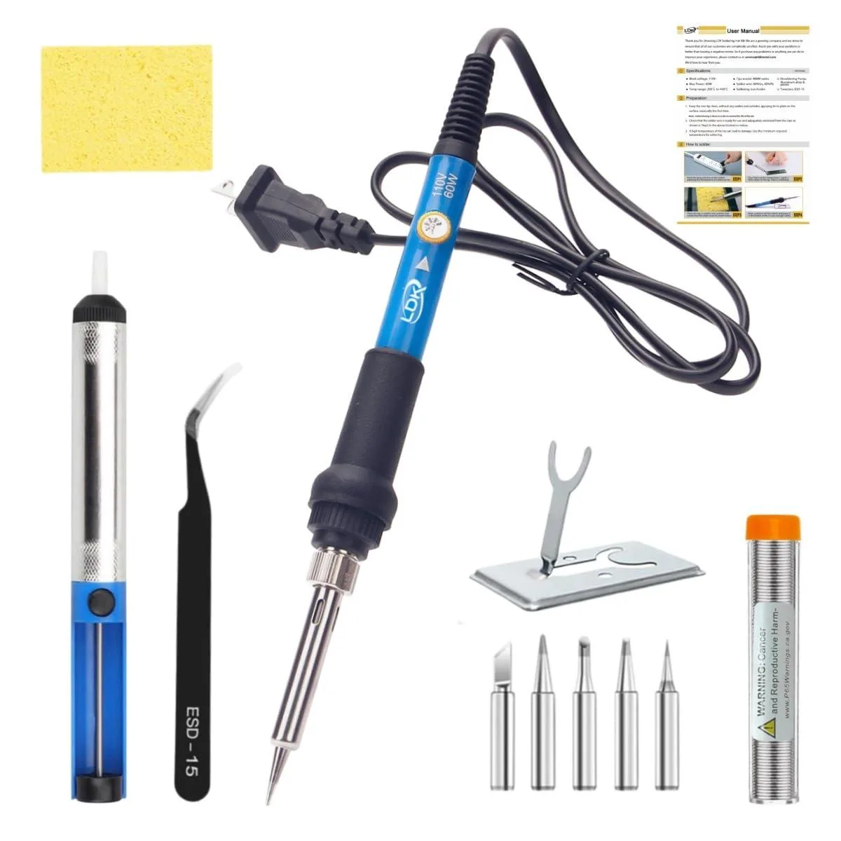 Blue soldering iron with digital display, five tips, wire spool, tweezers and desoldering pump on stand