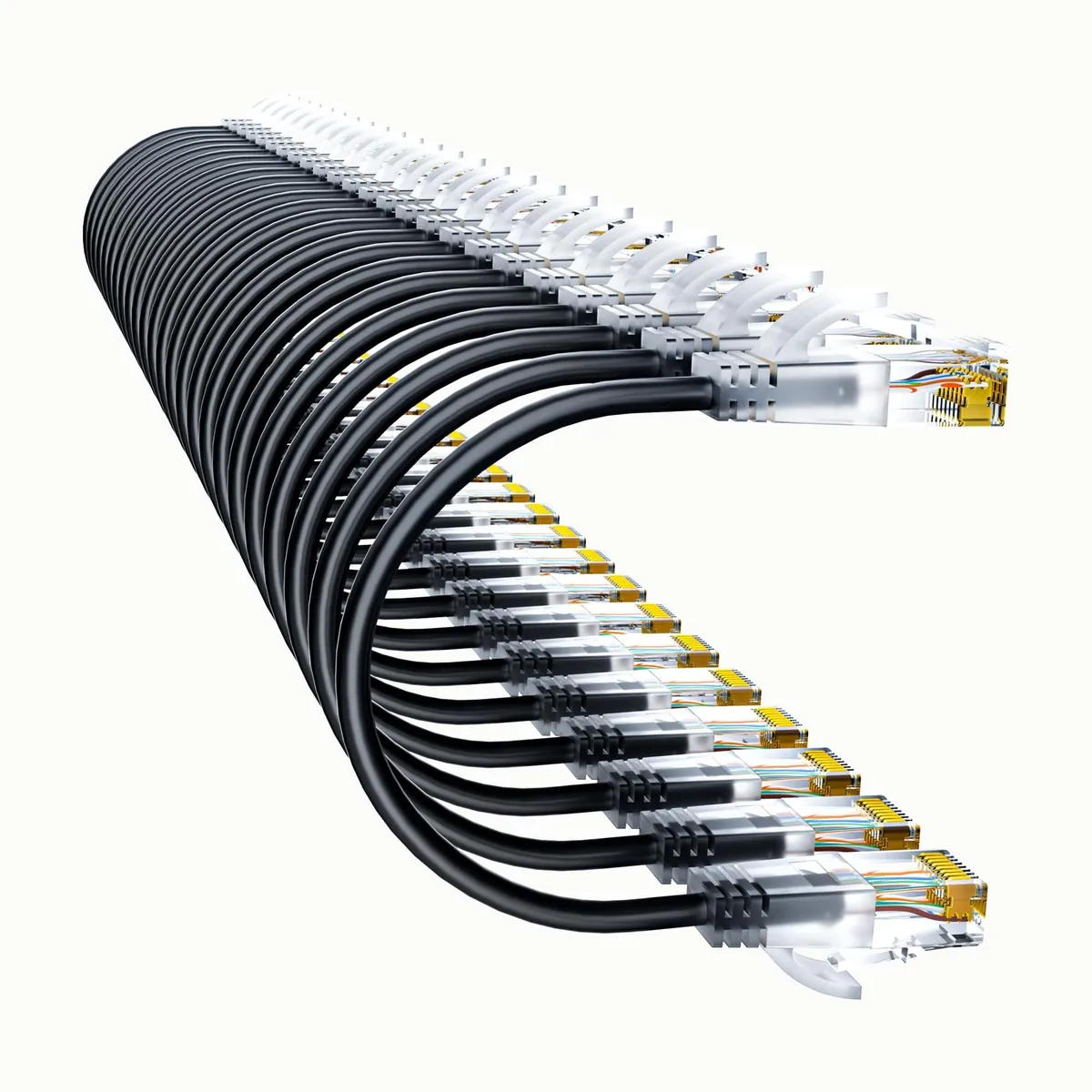 Twenty-four black ultra-slim Cat6a patch cables with clear snagless boots, each one foot long