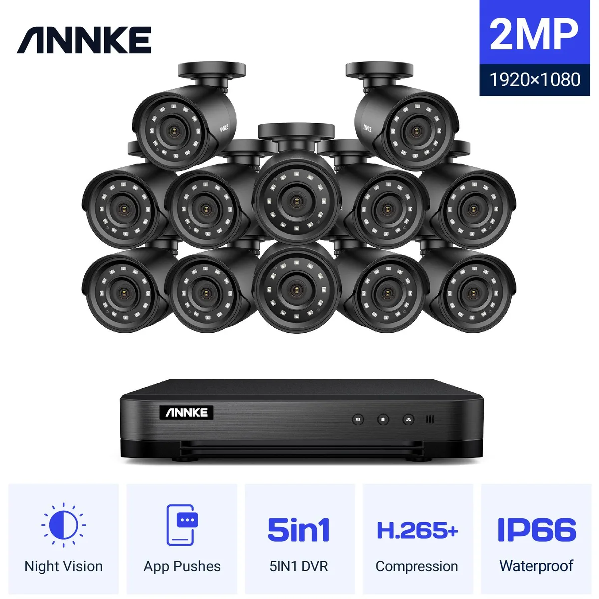 Annke Annke 16CH 5-in-1 DVR Kit 12× 2MP Bullet Cameras 100ft IR IP66 — product photo