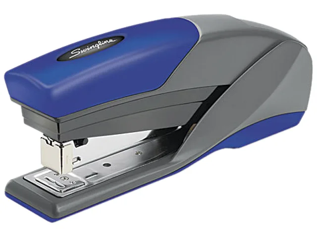 Blue desktop stapler with soft grip top and gray plastic housing
