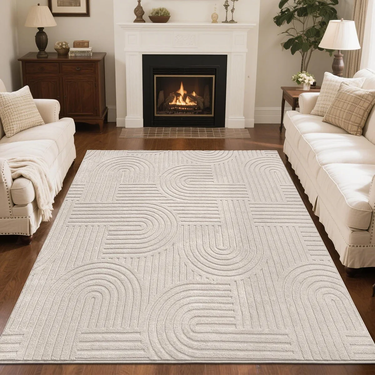 Beige polyester runner rug with woven rainbow arch texture and non-slip backing