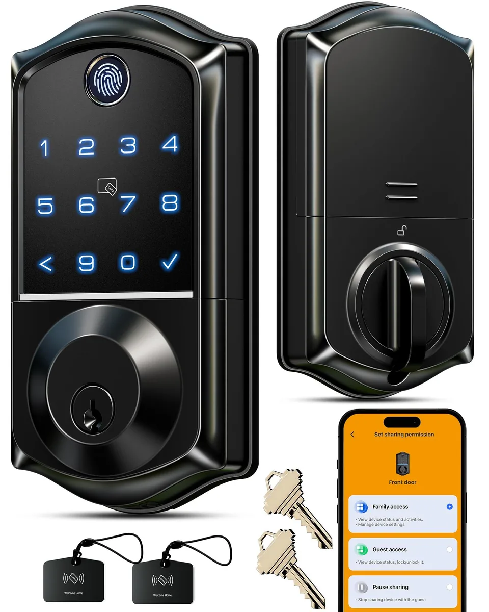 Matte black fingerprint smart door lock, rectangular touchscreen keypad, 2.7 by 5.8 inches