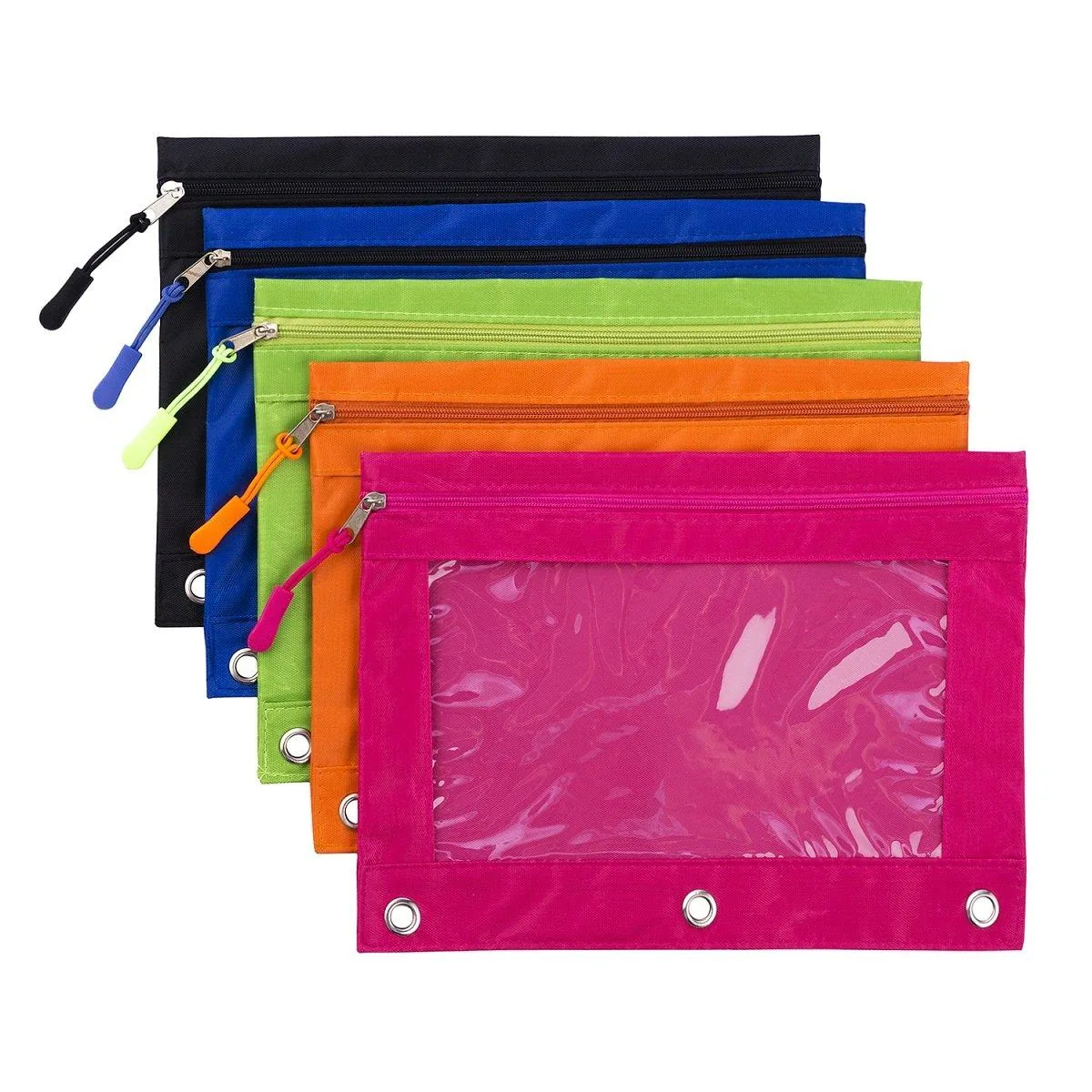Five coloured PVC binder pouches with clear windows and metal zippers