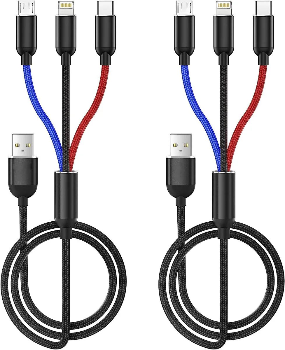 Corn Electronics Corn Electronics Multi Charging Cable 3 in 1 USB 2.0 Type-C Micro USB Lightning 1.1 ft Black 2Pack — product photo