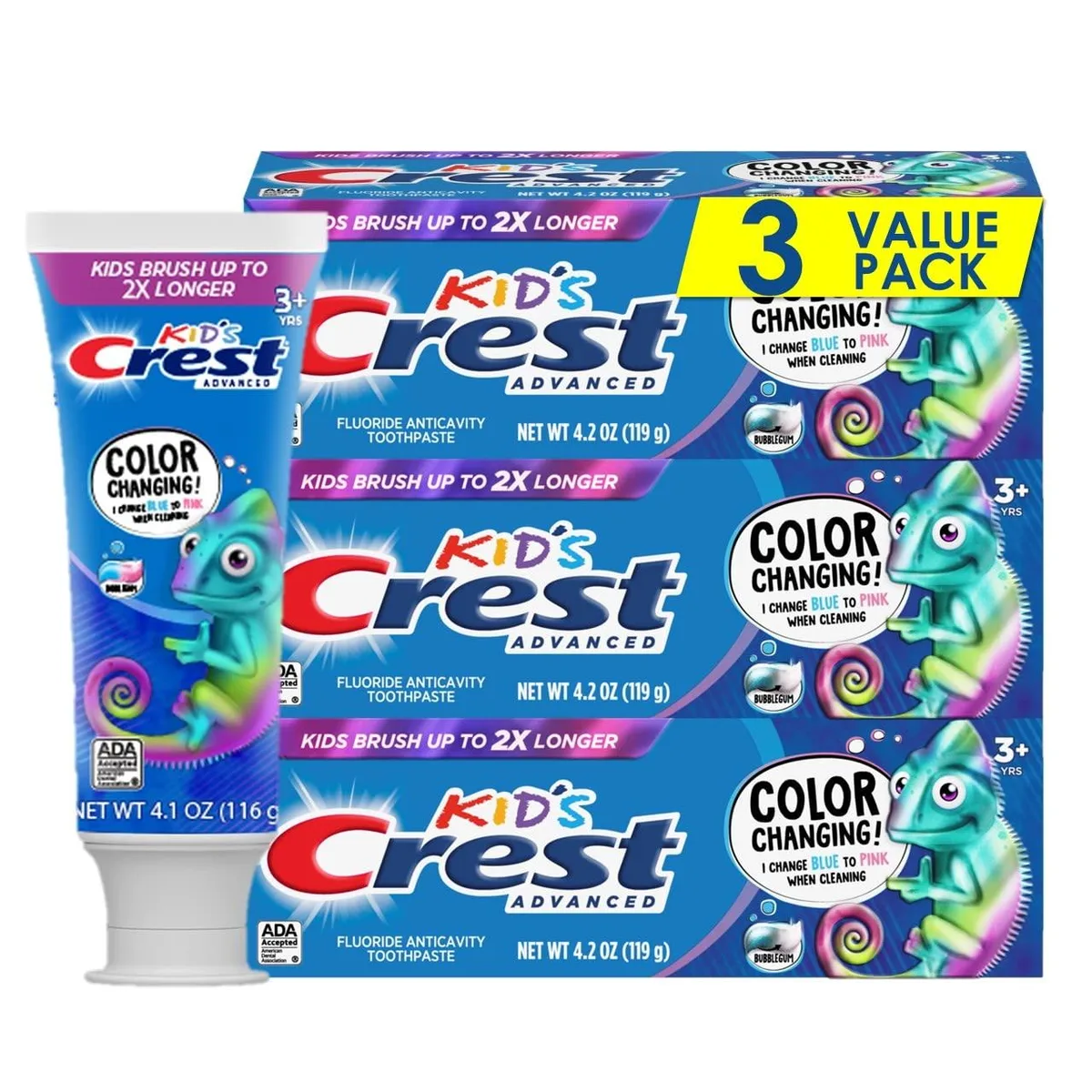 Three blue and pink toothpaste tubes in a rectangular box