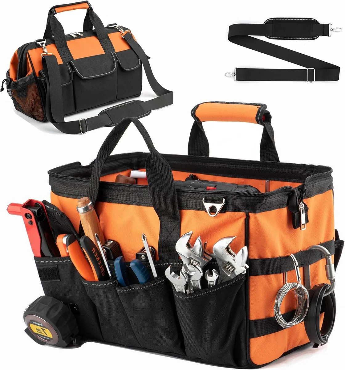 Orange 16 inch foldable open-top tool bag with padded handle and adjustable strap