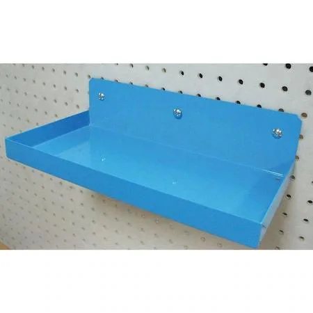 Blue powder-coated steel pegboard shelf tray, 6 inches long, 12 inches wide, 3 inches high, screw-in locking system, circular peg holes