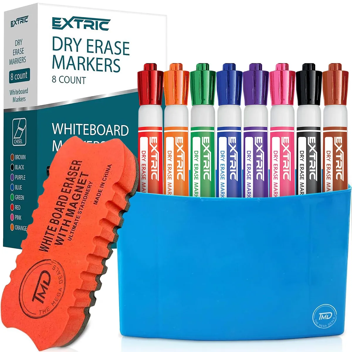  8 Dry Erase Markers Chisel Tip Multicolor with Holder Eraser — product photo