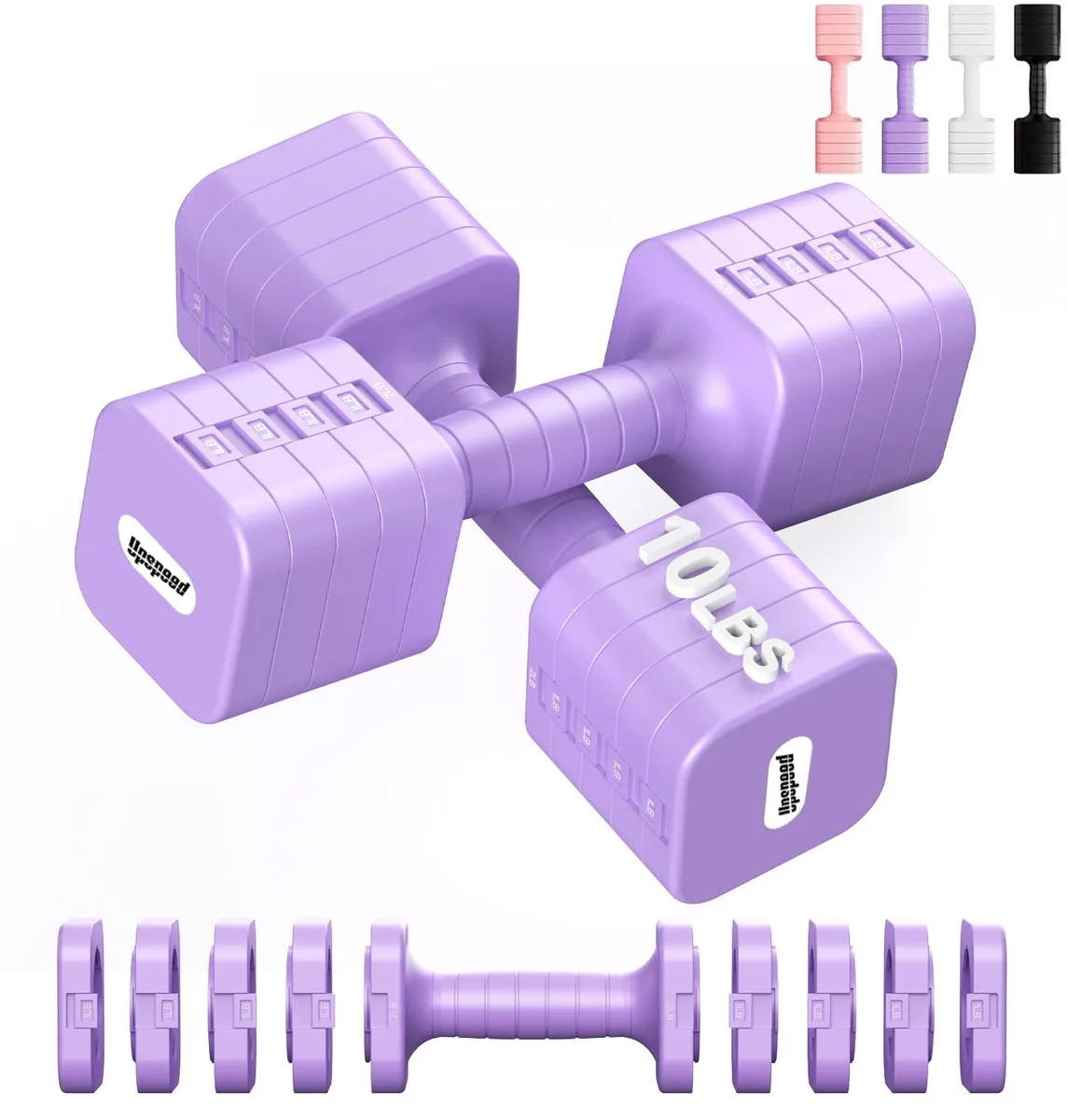 Pair of purple adjustable dumbbells, square iron plates, textured TPU grip, 12.36 by 3.54 inches