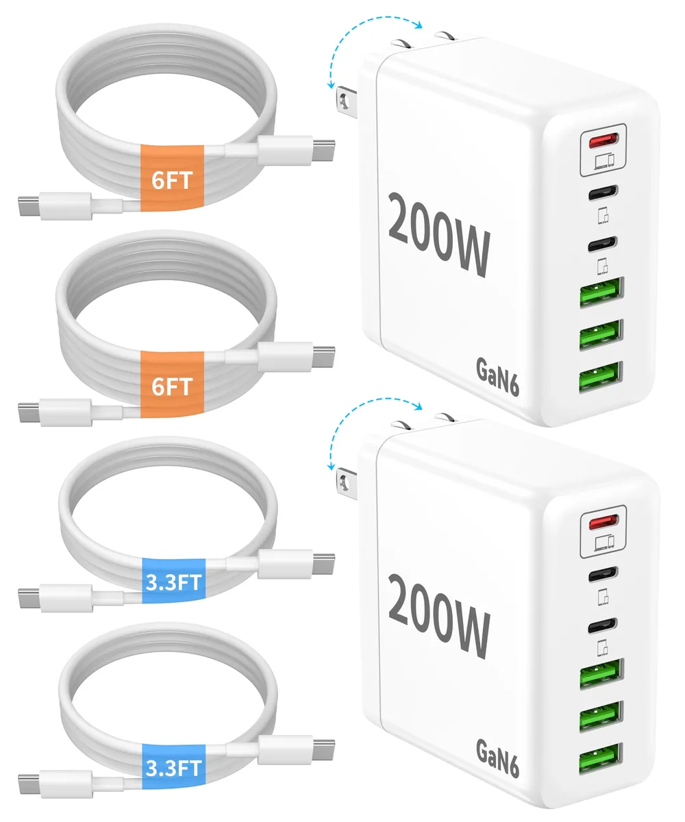 Two compact rectangular GaN chargers with foldable plugs, matte finish, six ports each
