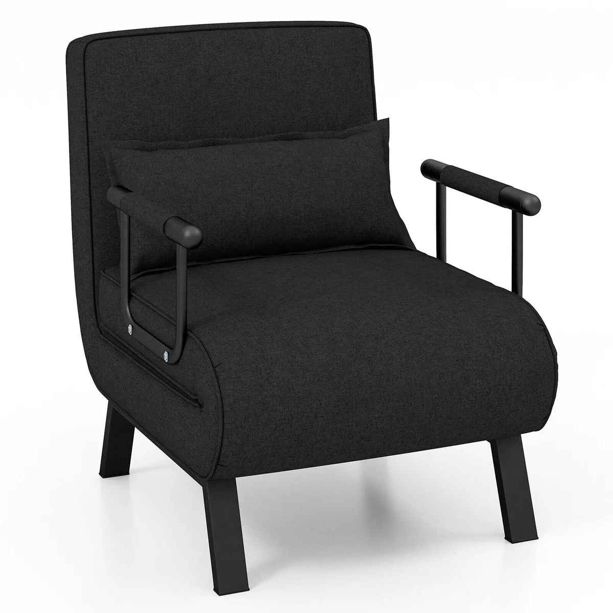 Black folding sleeper chair with adjustable backrest and pillow