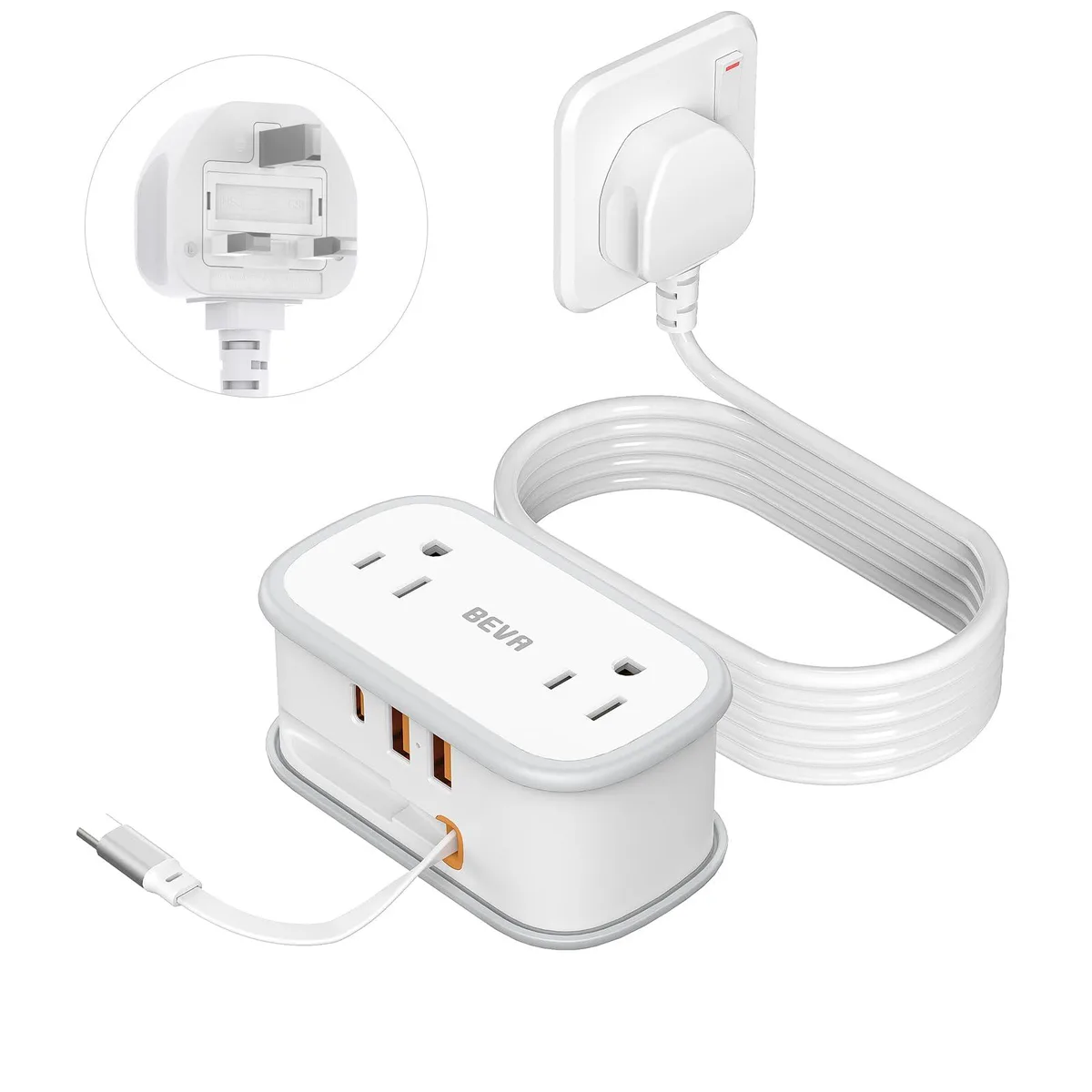 White rectangular travel power strip with Type G plug, two AC outlets, three USB ports and a retractable USB-C cable on a 5ft cord