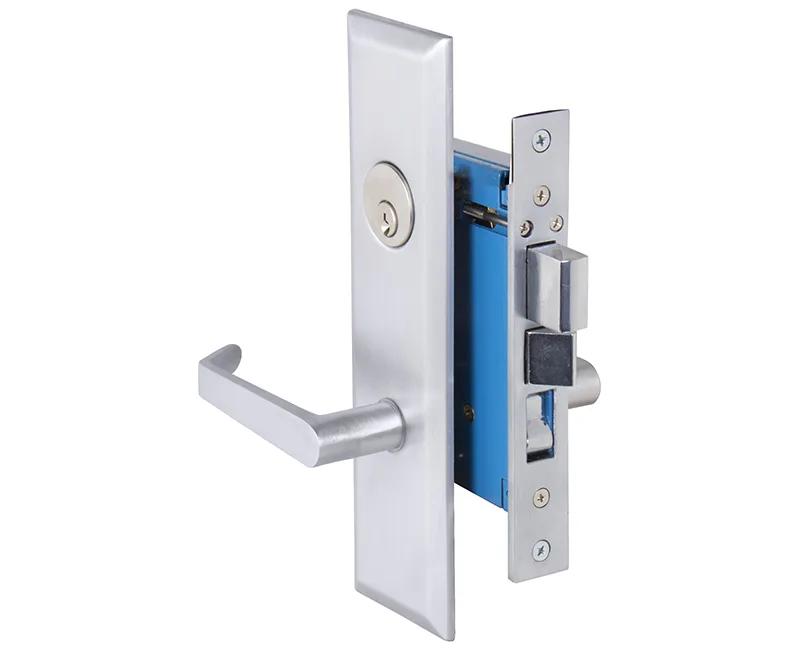 Satin chrome mortise entry lockset with screwless lever handles and thru-bolted plates