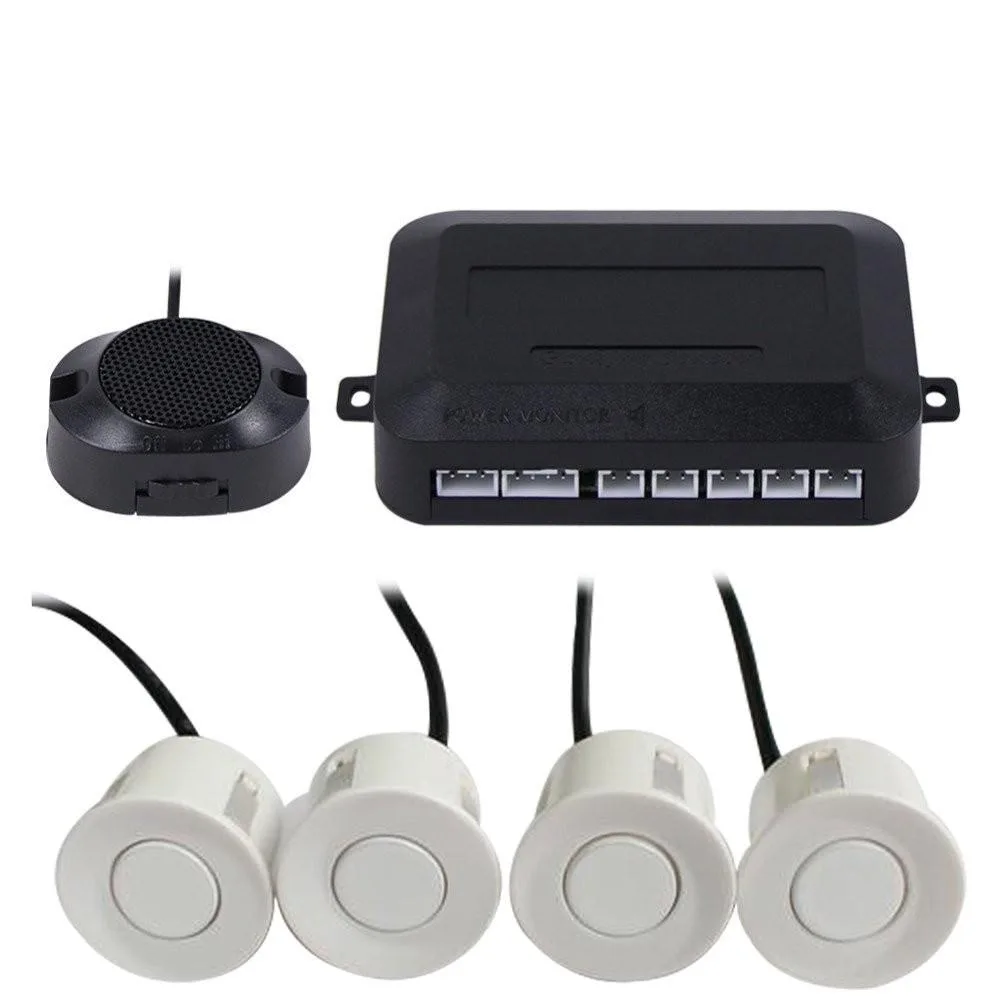 White parking sensor kit with four 22mm sensors, control module and buzzer indicator