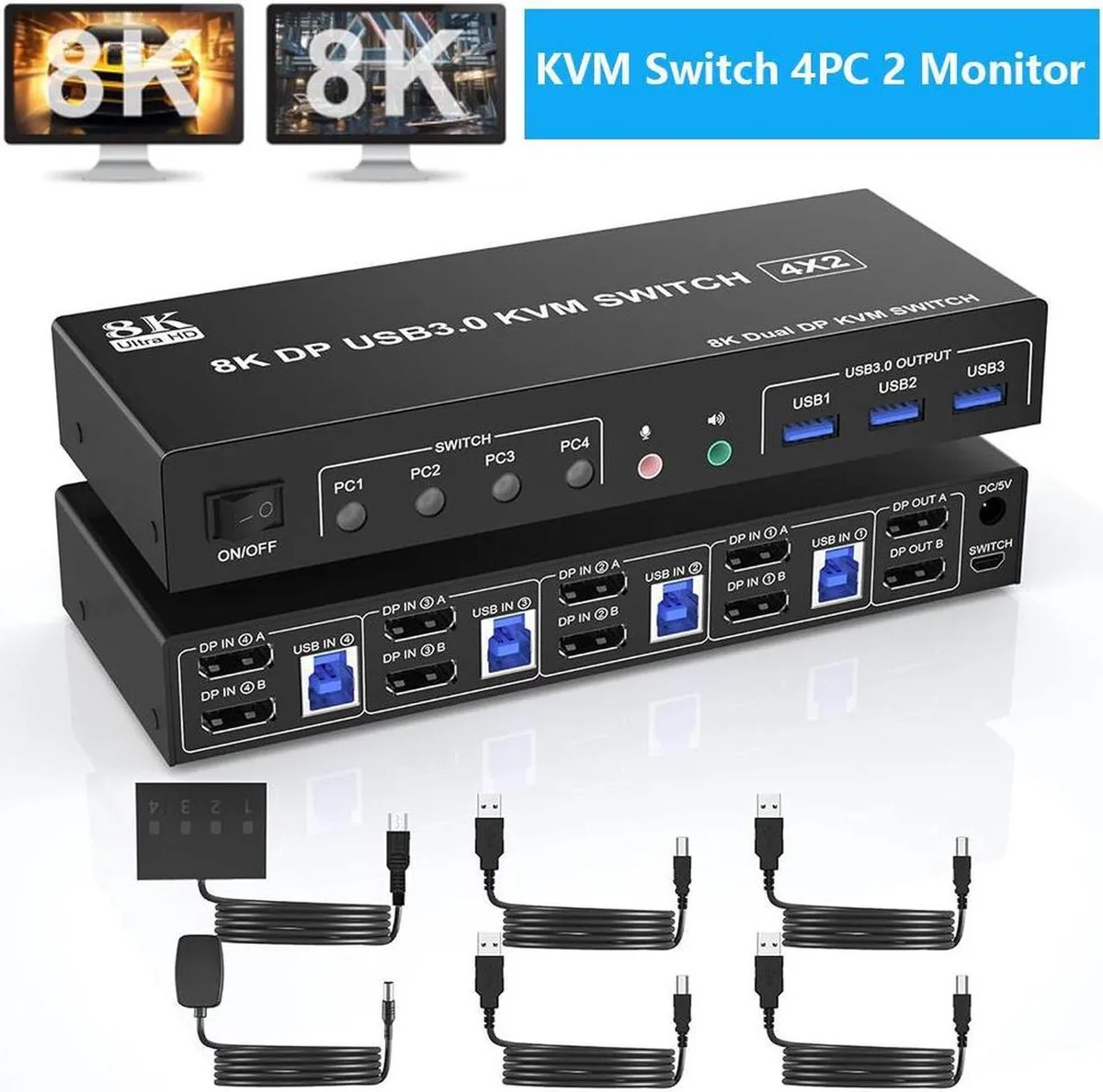 Vszerda Vszerda 4-Port Dual Monitor DisplayPort KVM Switch 8K@60Hz 3 USB 3.0 — product photo