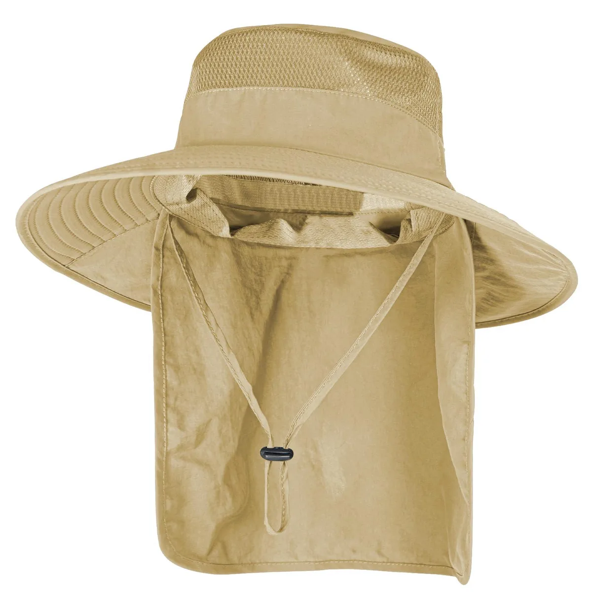 Black wide-brim polyester hat with mesh vents and neck flap