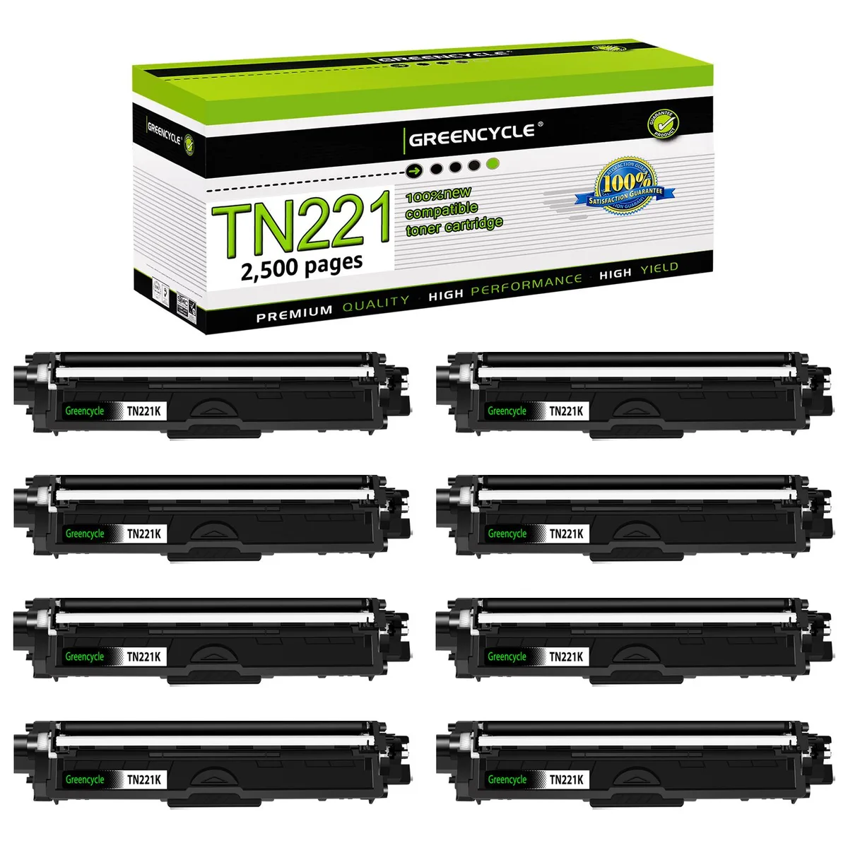 GREENCYCLE GREENCYCLE TN221K Black High Yield Toner Cartridge 8 Pack 2500 Pages — product photo
