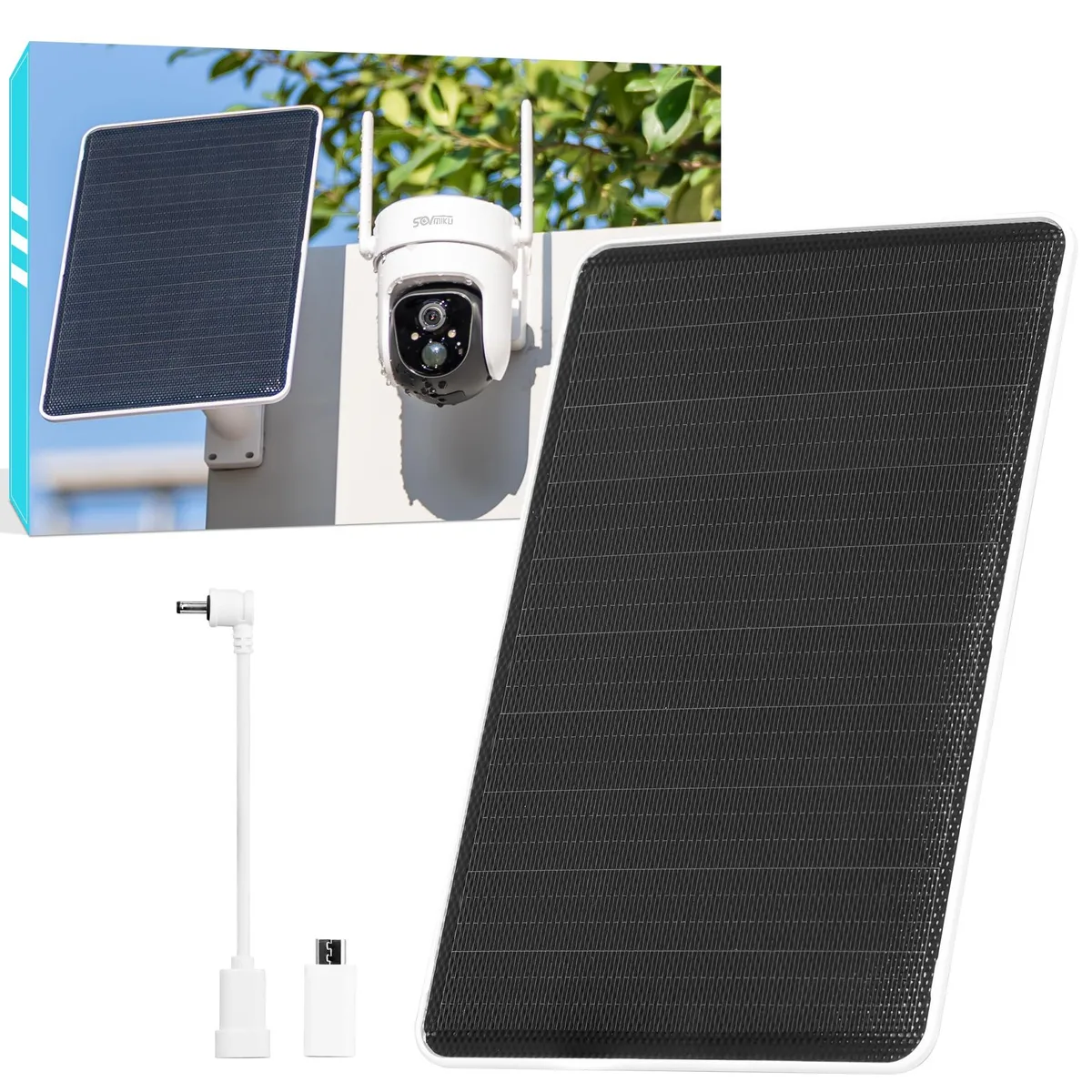 Rectangular solar panel with dark cells, silver frame, USB-C port, 9.8ft cable, 360° adjustable ABS mount