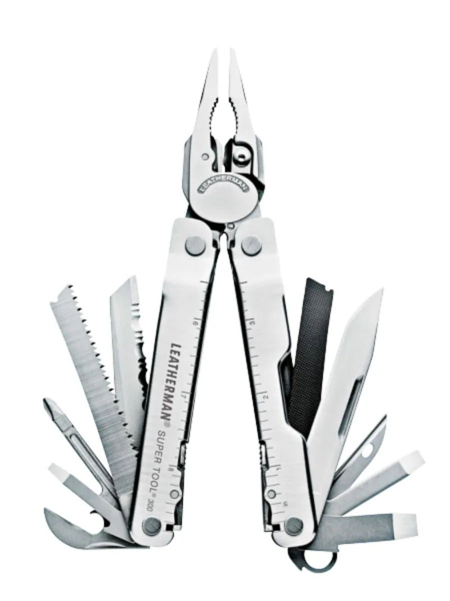 Stainless steel multitool, folded 4.5 inches, 19 tools visible
