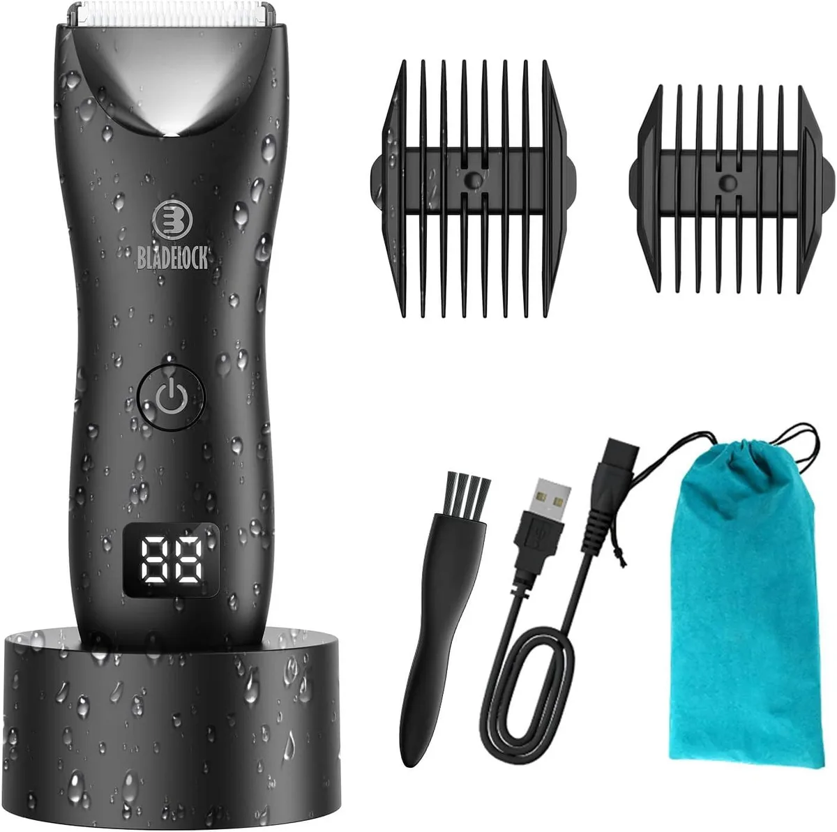Black body hair trimmer with LCD display and ceramic blade, two guide combs and recharge dock