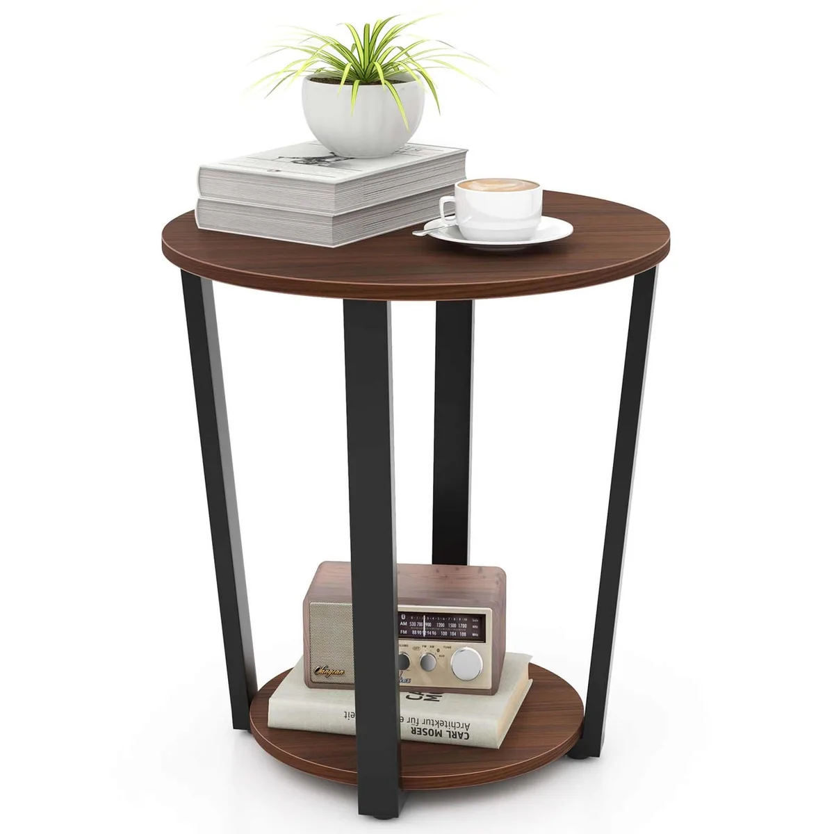 Round brown end table with two shelves and black metal X-frame