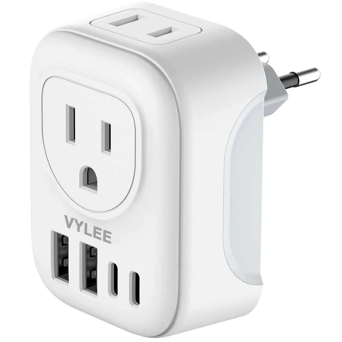 White and blue travel adapter with two AC outlets and four USB ports