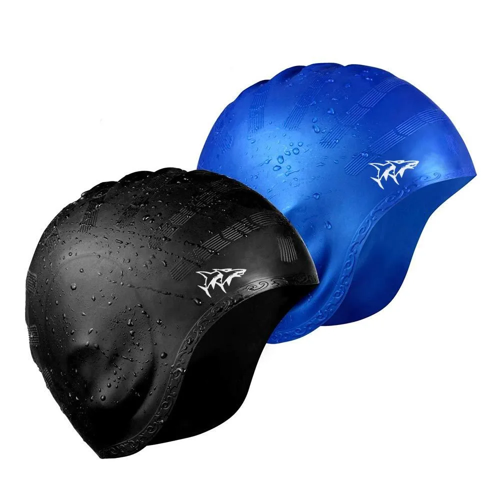  Cimkiz Silicone Swim Cap 2 Pack Long Hair Black Blue — product photo