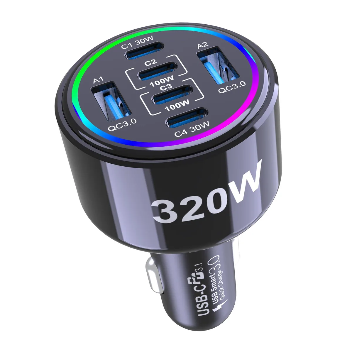 Black rectangular car charger with six USB ports, compact matte finish