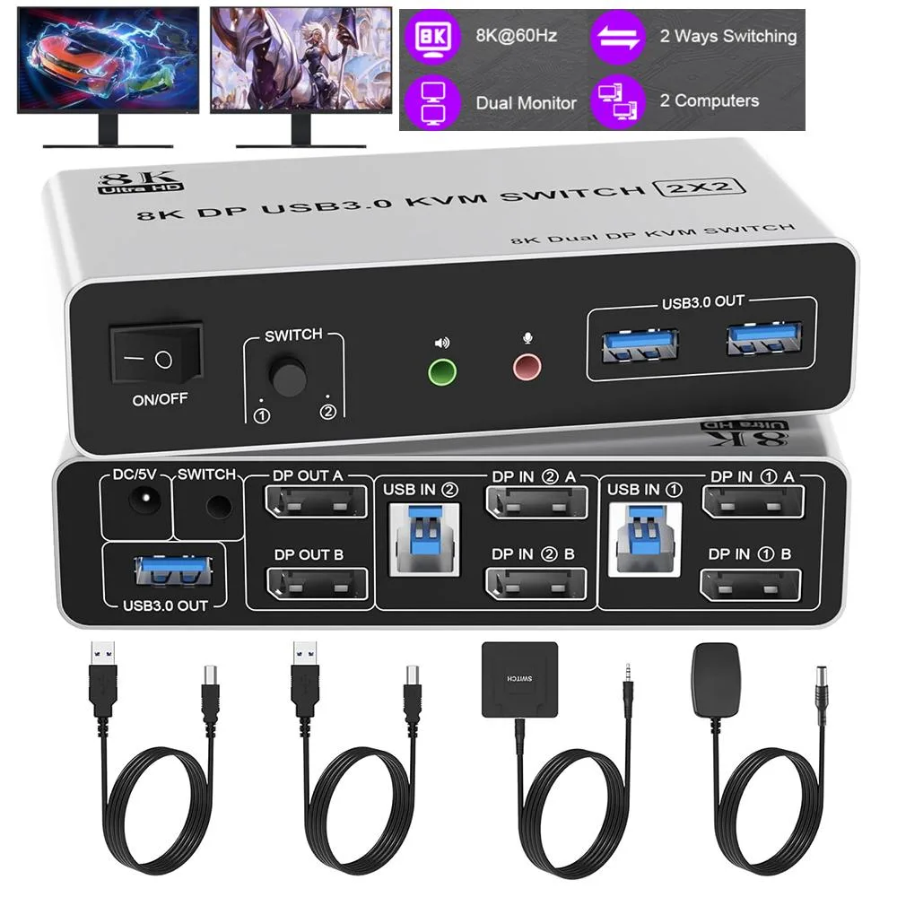 IHDAPP IHDAPP KVM Switch 2 Computers 2 Monitors 8K@60Hz DP 1.4 USB 3.0 Audio 3 Ports — product photo