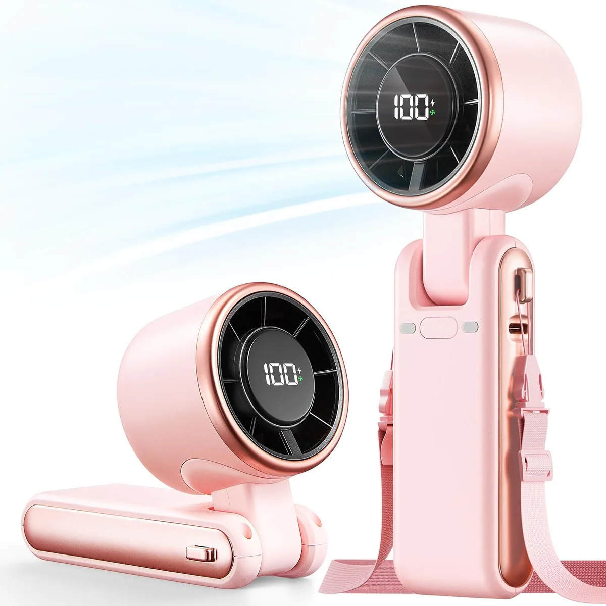 Pink handheld turbo fan with foldable 180 degree design and lanyard