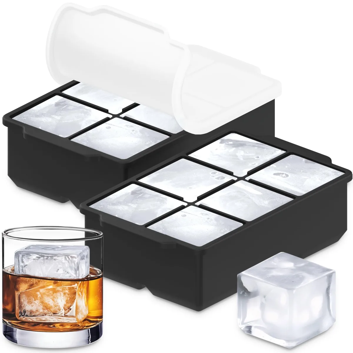 Two black rectangular silicone ice cube trays with lids, stacked, each forming six large cubes