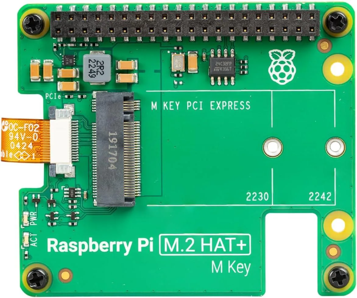 Green Raspberry Pi SC1166 M.2 HAT+ board with M key slot, ribbon cable and mounting hardware