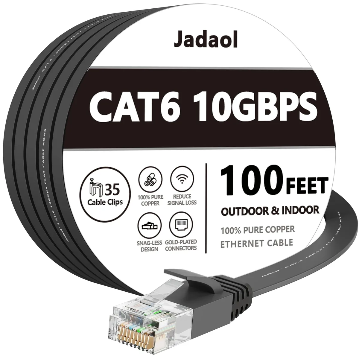 Flat black Ethernet cable coiled with thirty-five clips