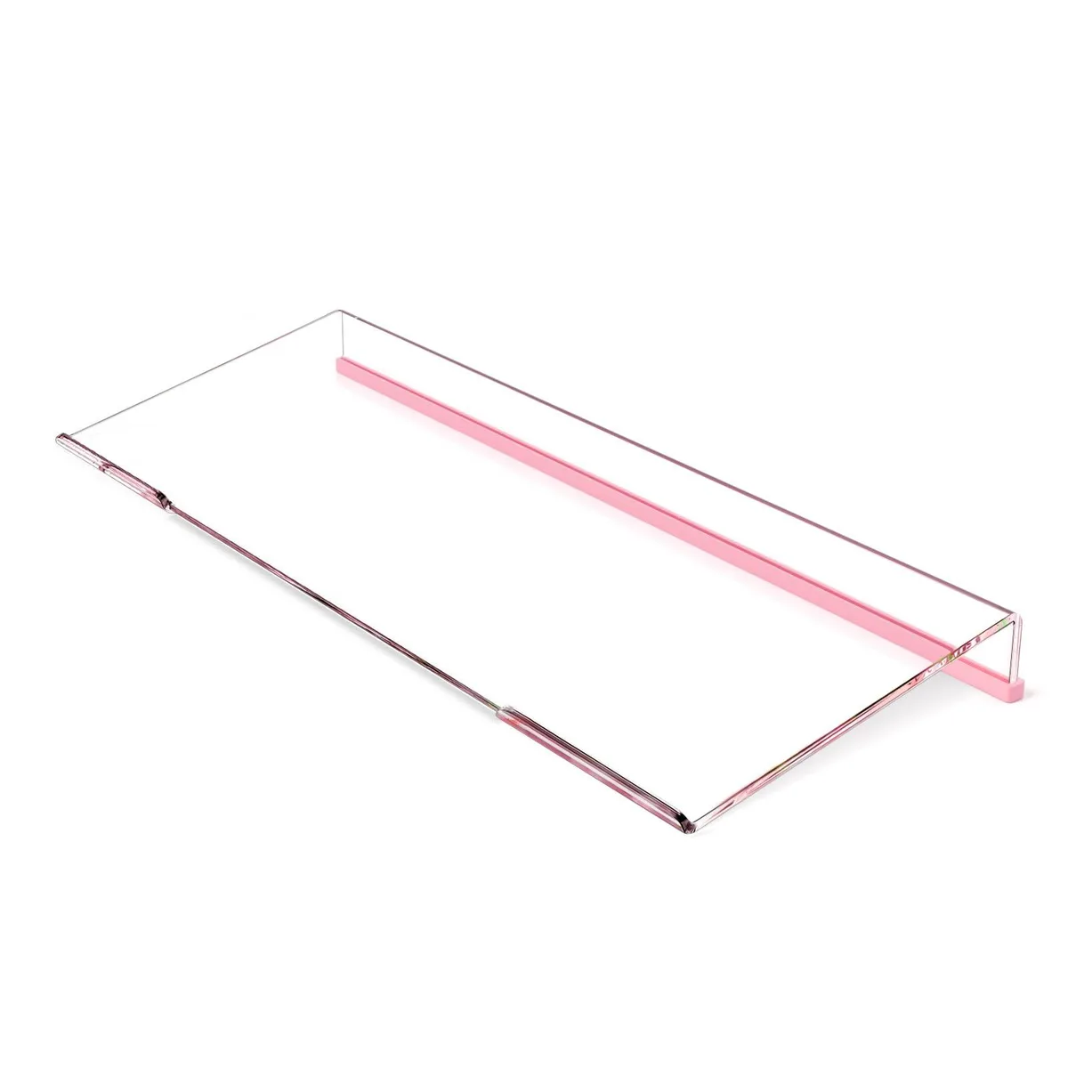 Clear acrylic tilted keyboard stand with light pink silicone strip, 17 inches wide