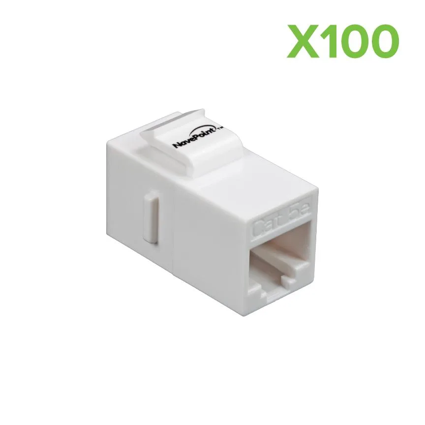 White rectangular keystone couplers with gold RJ45 ports in bulk pack