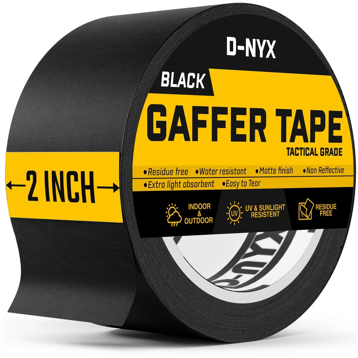 Single roll of black fabric gaffer tape with matte non-reflective finish, 1.88 inch wide