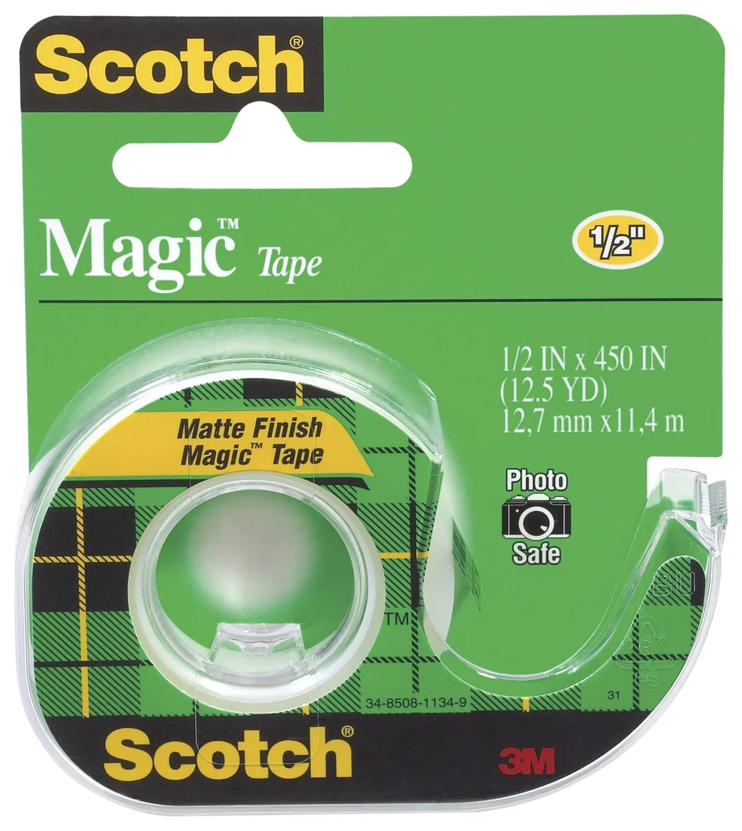 Green Scotch Magic Tape roll in plastic dispenser, half inch by four hundred fifty inches