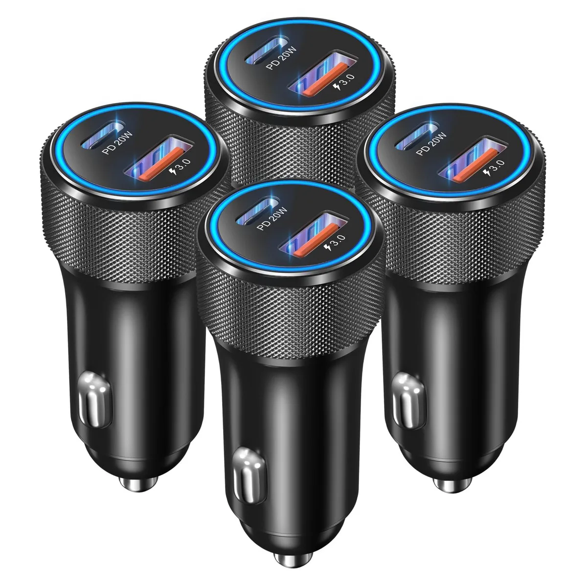 Four small silver car chargers with dual USB ports and a soft blue LED ring