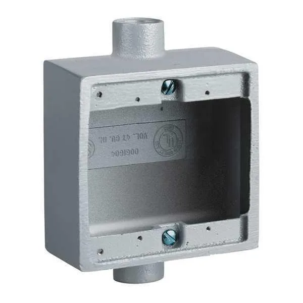 Gray malleable iron two-gang electrical box with two 3/4-inch hubs, lug brackets and internal grounding screw