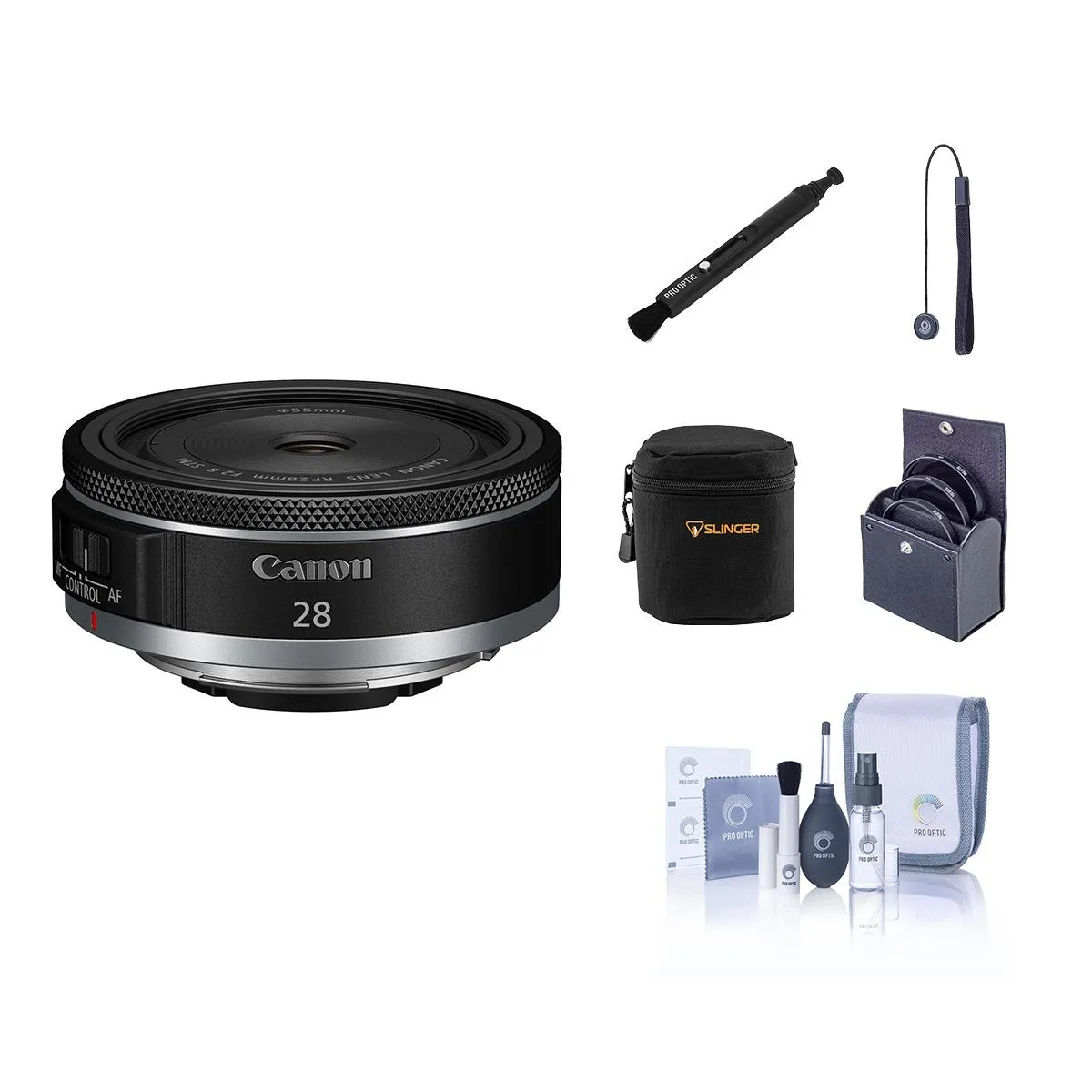 Compact black Canon RF 28mm f/2.8 STM lens with 55mm filter kit and soft case