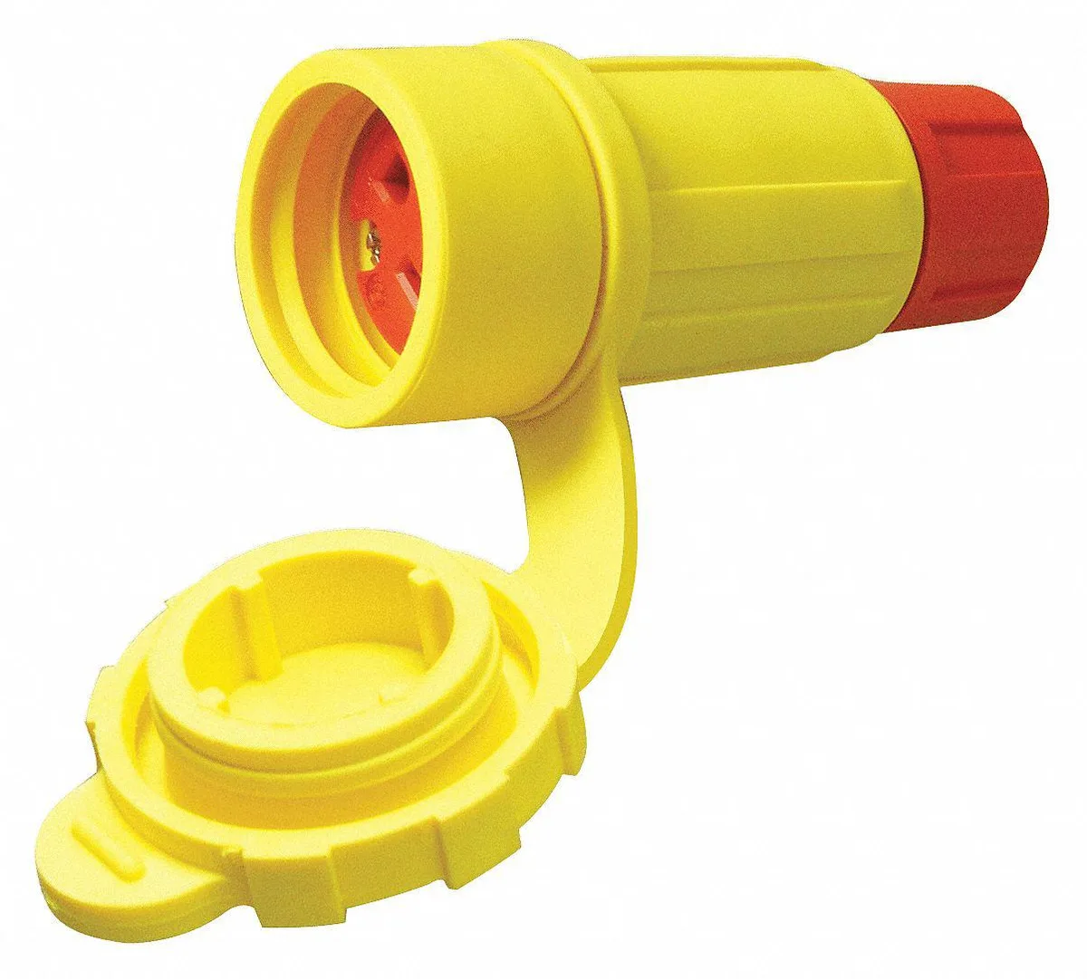 Yellow industrial locking connector with straight orientation and shrouded screw terminals