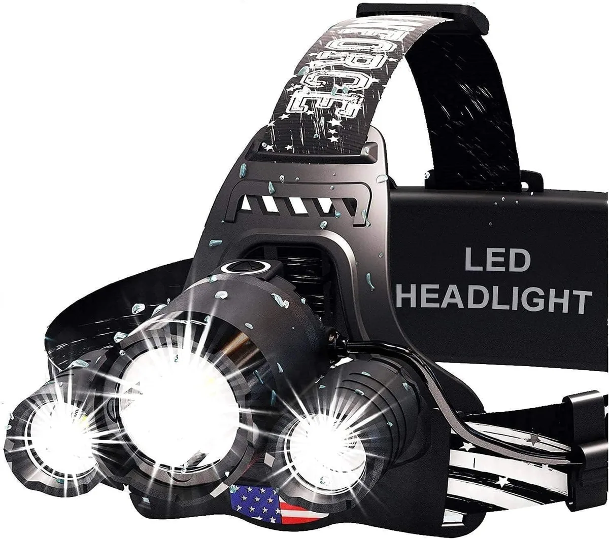 Black headlamp with adjustable strap, zoomable LED and red light mode