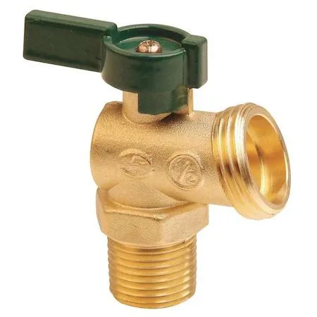 Brass boiler drain valve with aluminum lever handle, quarter-turn operation, 1/2 inch NPT male inlet, 3/4 inch GHT male outlet