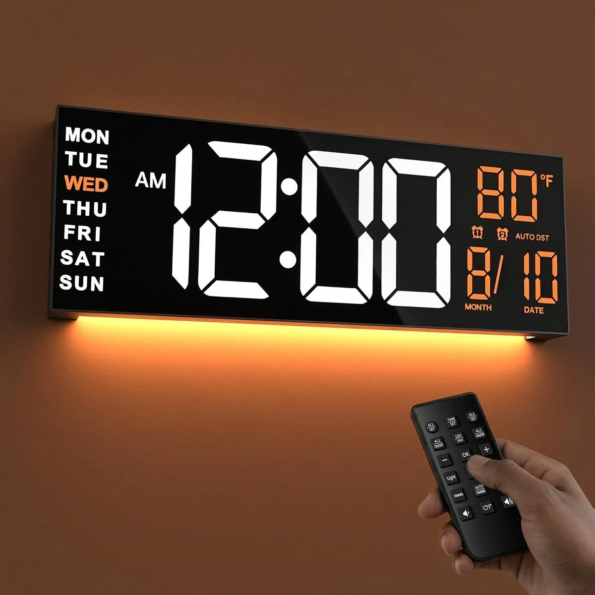 White-orange rectangular digital wall clock with large LED display and remote control