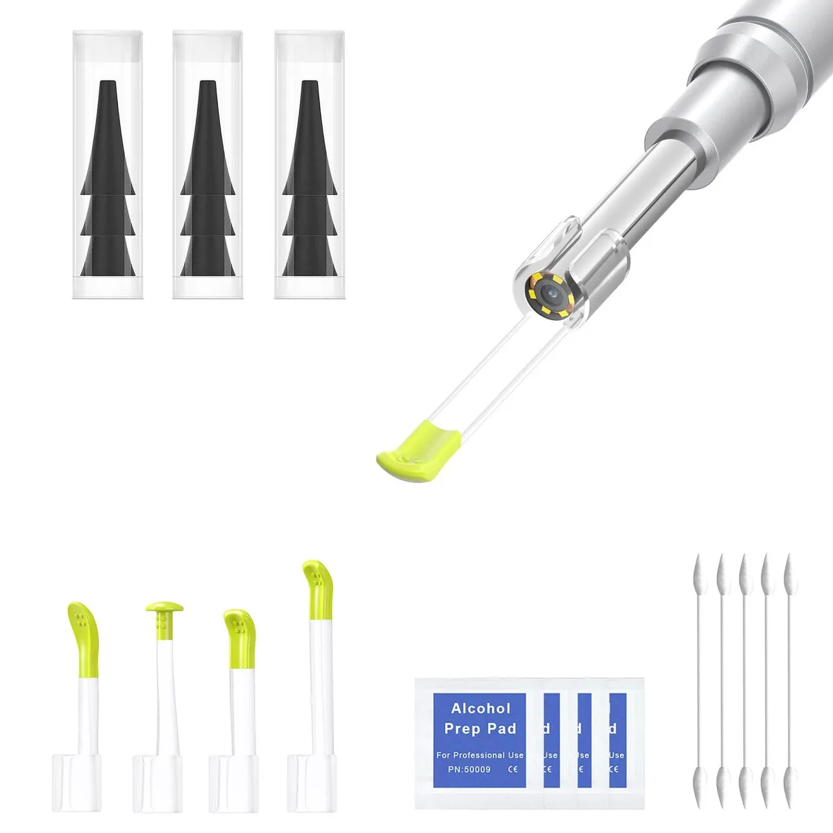 White plastic kit box measuring 9.6 by 8.7 by 2.7 cm containing ear camera accessories