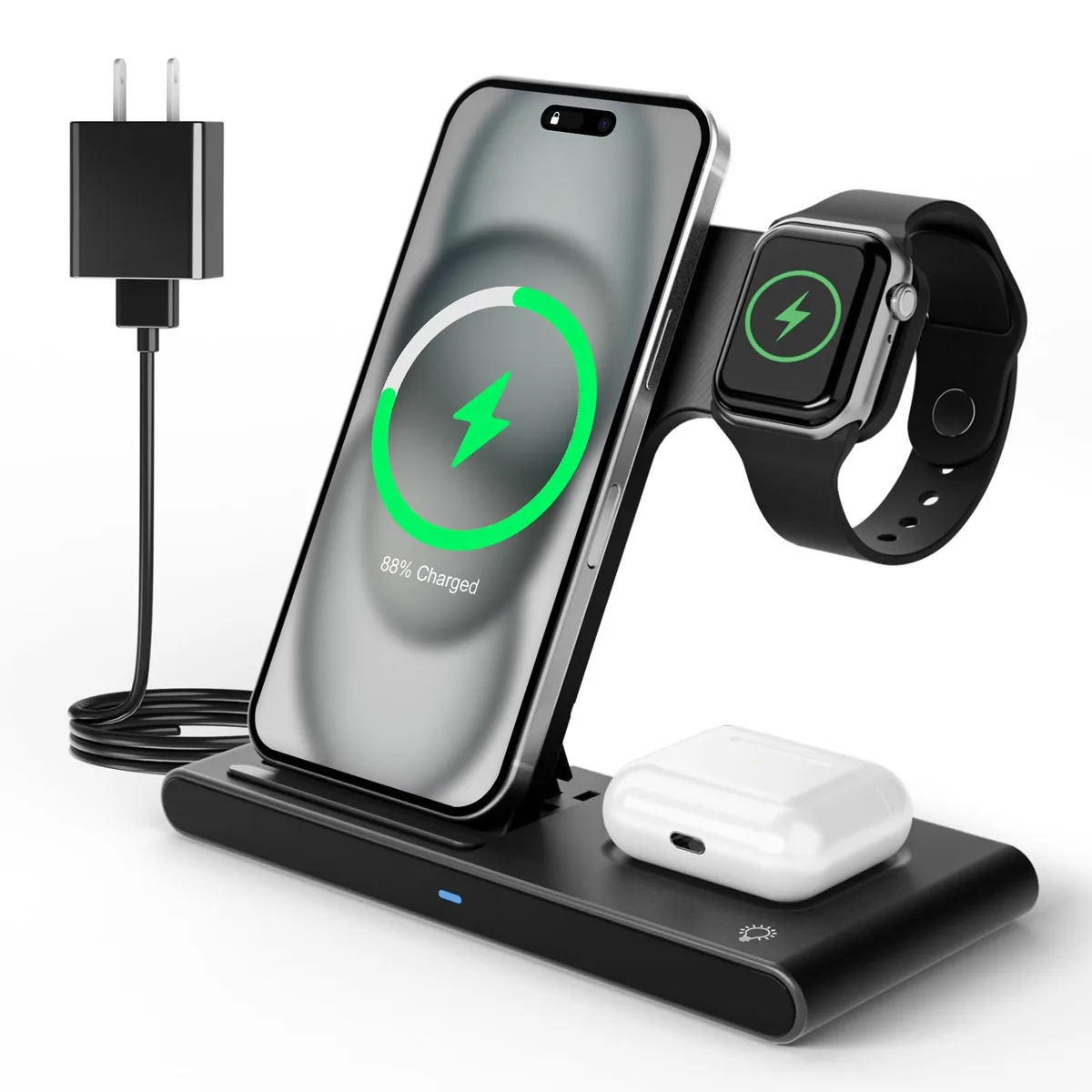 Foldable black matte plastic 3-in-1 wireless charging station for iPhone Apple Watch AirPods